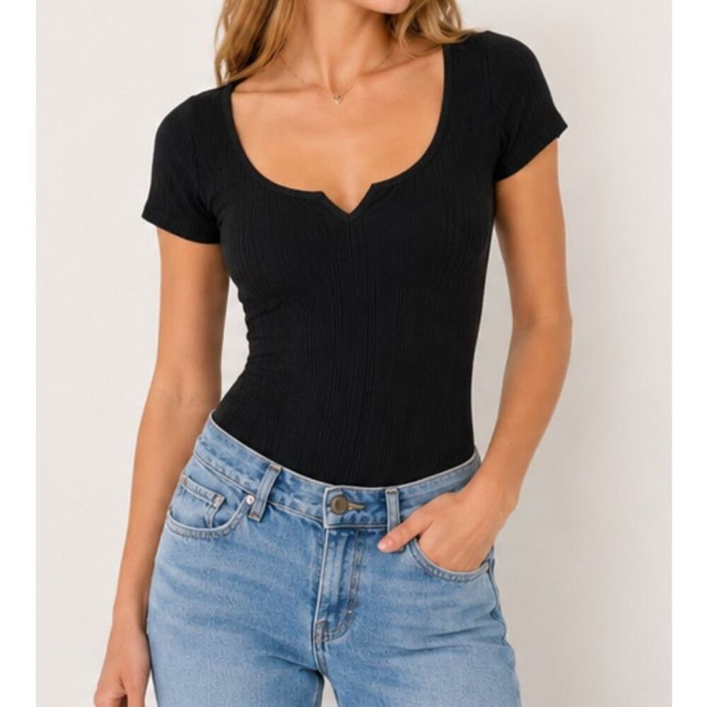 Abercrombie & Fitch Black Ribbed Bodysuit V Neck Fitted Top S